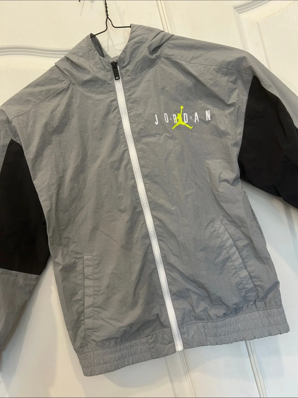Jordan Gray and Black Hooded Windbreaker with Neon Accent